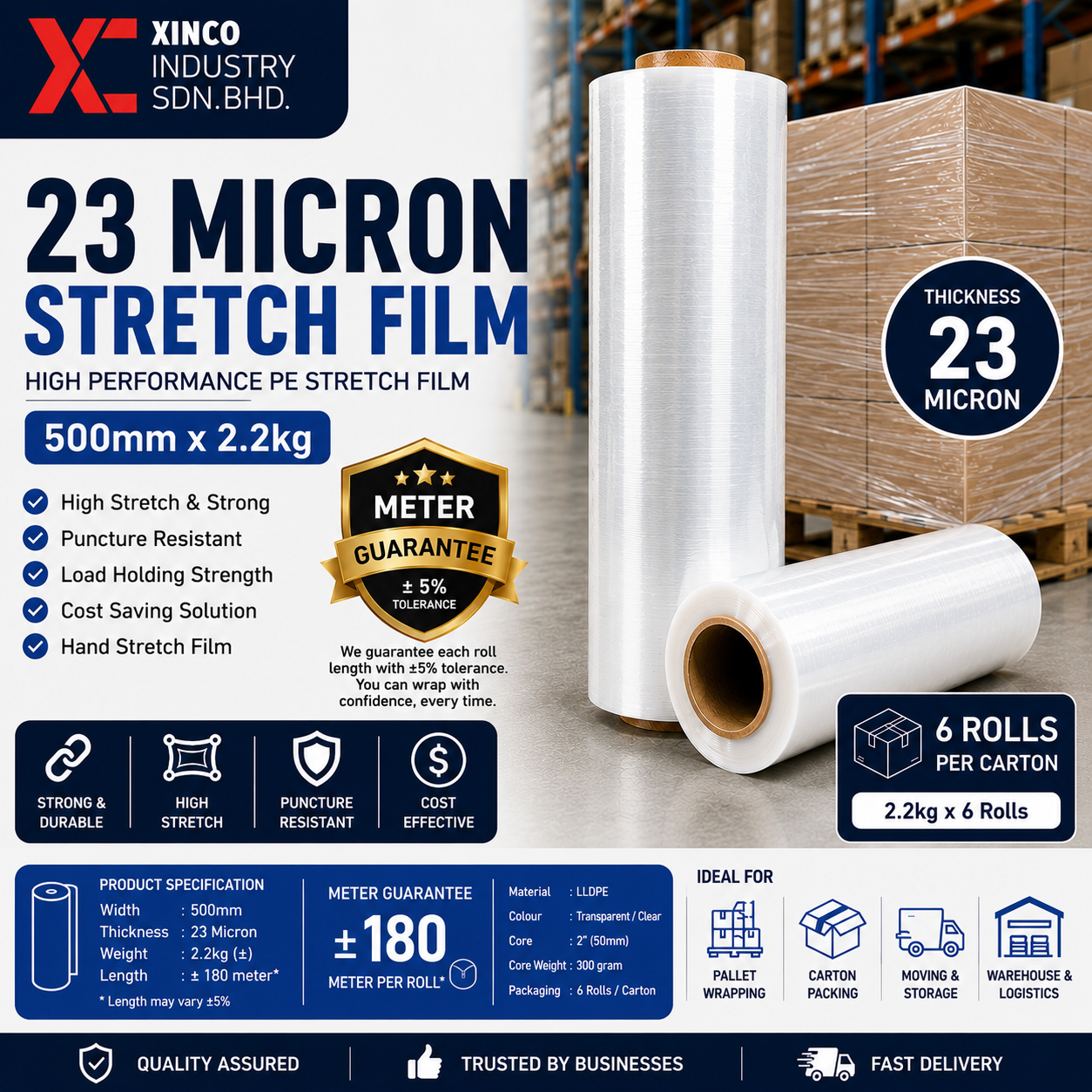 Xinco 23 micron stretch film specification guide